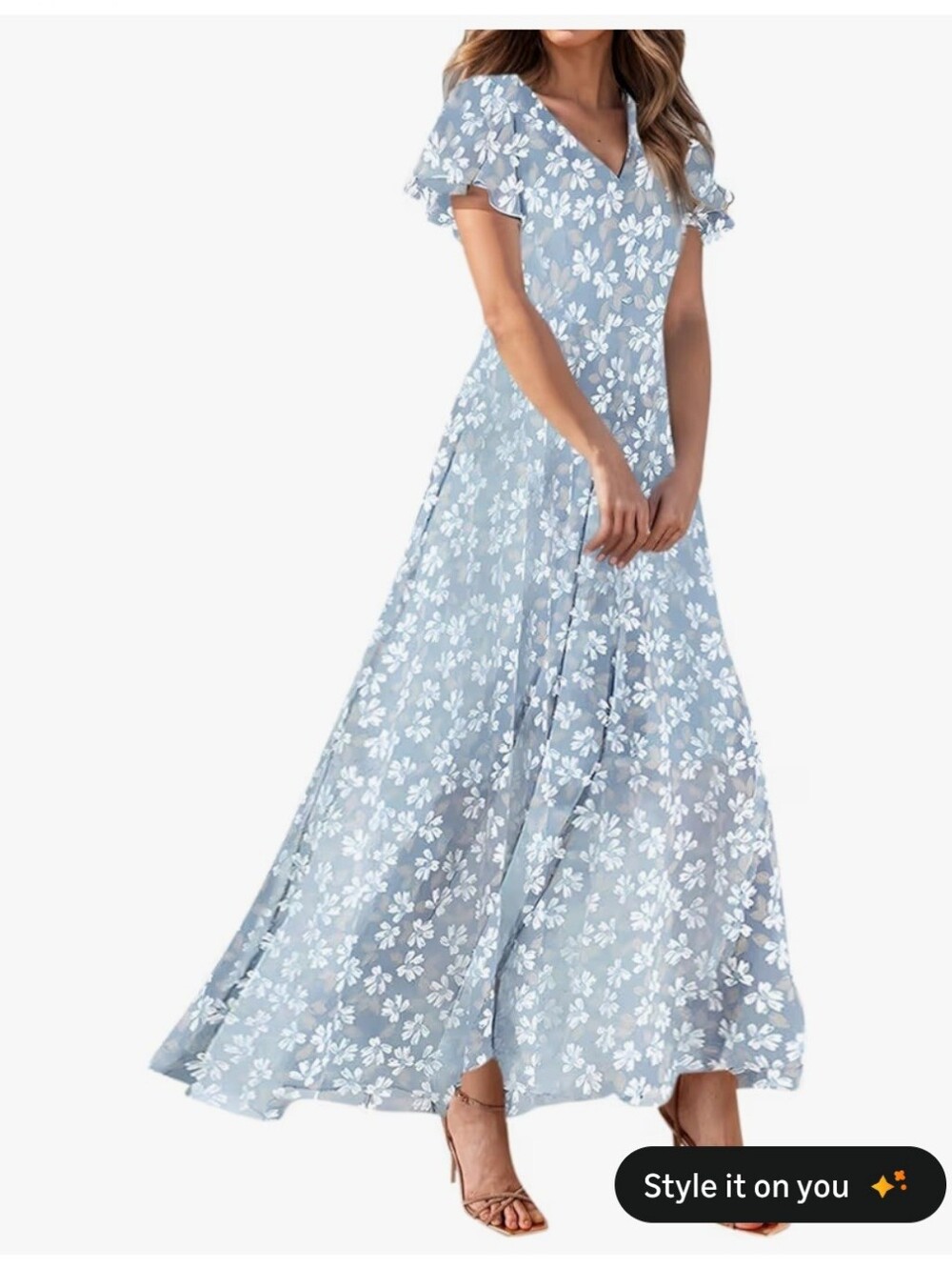 Light Blue Floral Maxi Dress with Flutter Sleeves #106